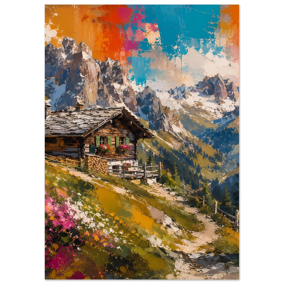 Wandposter: Holzhaus mit Blumen vor den Alpen, mehrfarbiger abstrakter Himmel über Gipfeln