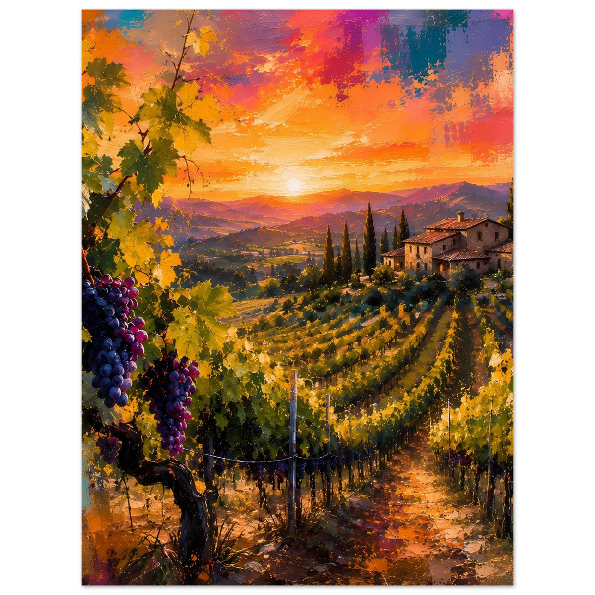 Weinberg-Poster mit Landhaus, Reben mit Trauben links und Sonnenuntergang über den Hügeln