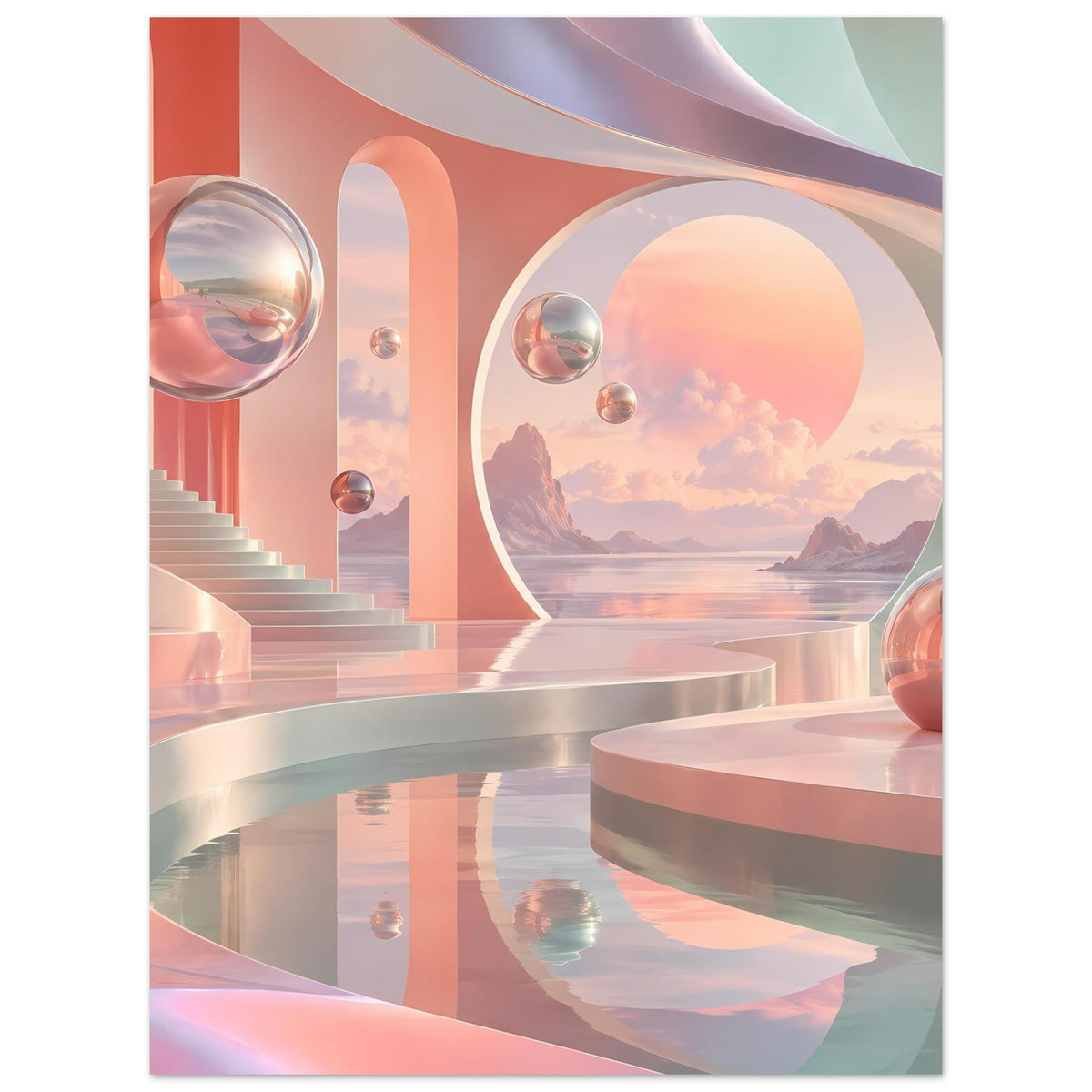 Poster mit surrealer Pastell-Landschaft, spiegelnden Kugeln und gebogenen Durchgängen.