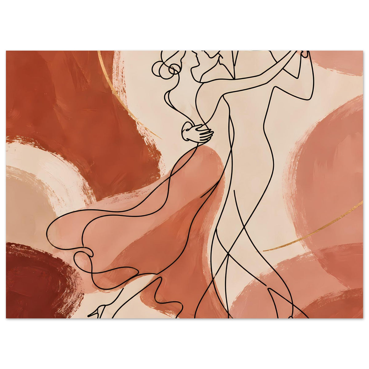 Kunstposter, Detailansicht: tanzendes Paar, Frau im Kleid, Konturlinien in Erdtönen