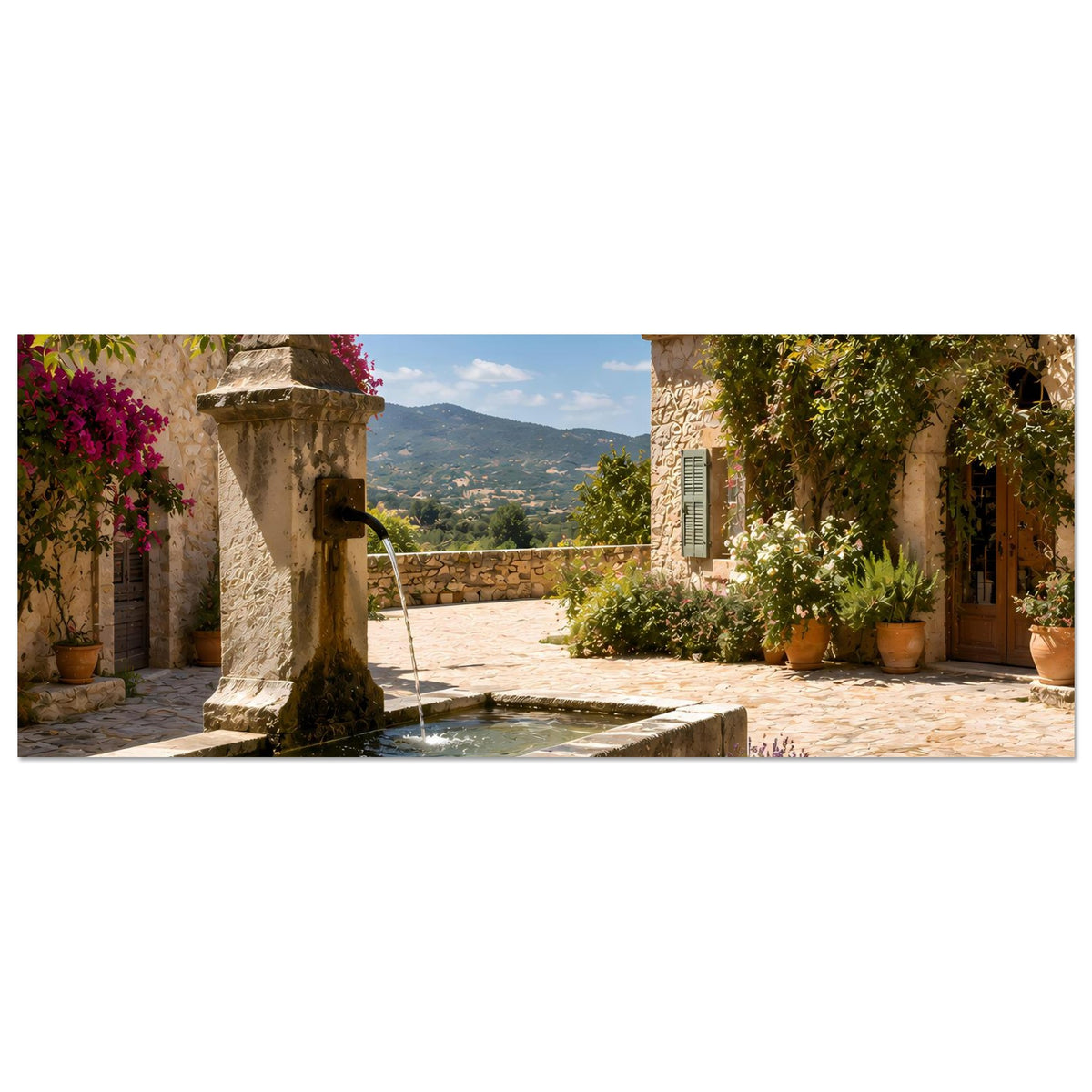 Posterdruck eines mediterranen Steinbrunnens im Innenhof mit Pflanzen in Töpfen