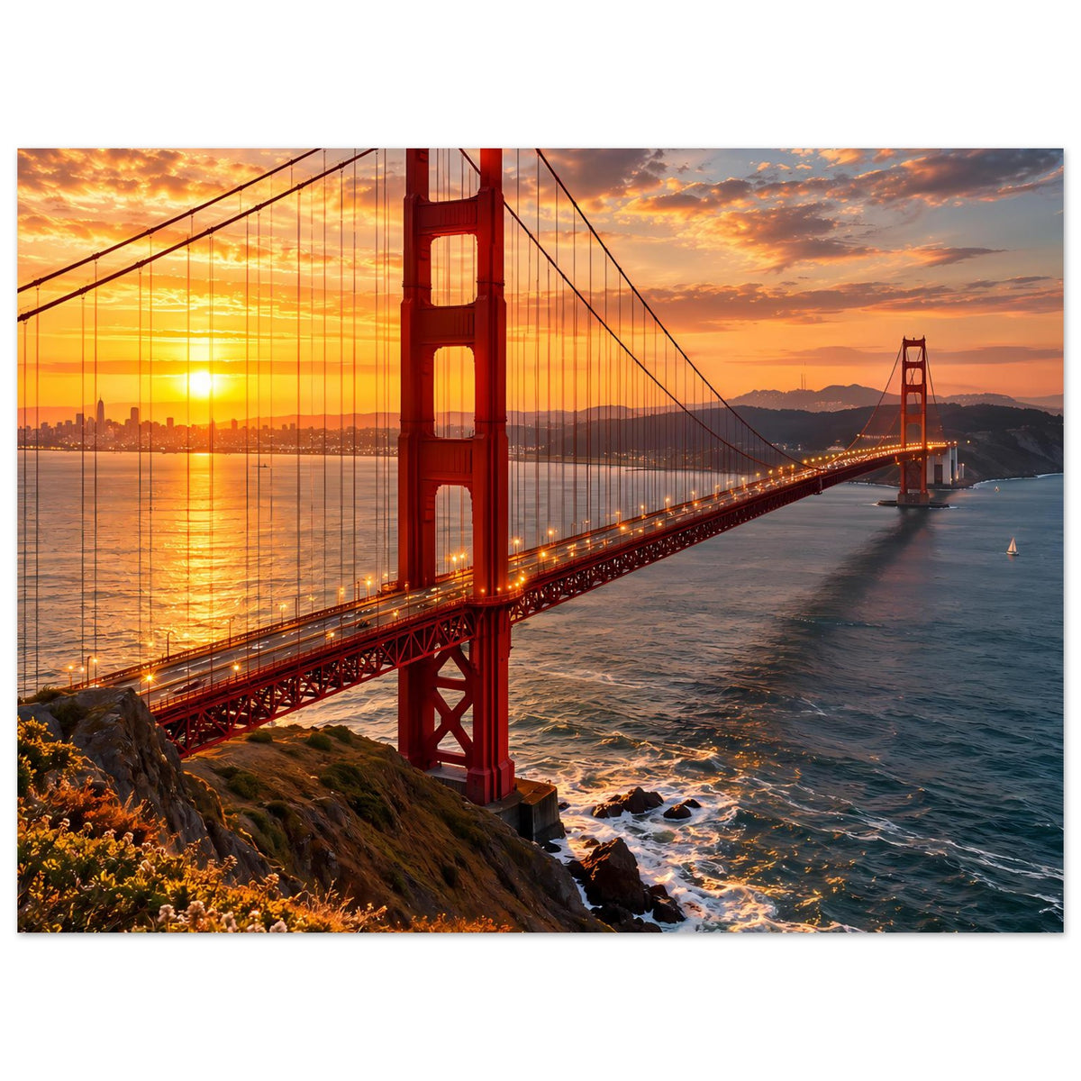 Hochformat-Poster: Golden Gate Bridge im Sonnenuntergang, Uferfelsen und Wellen