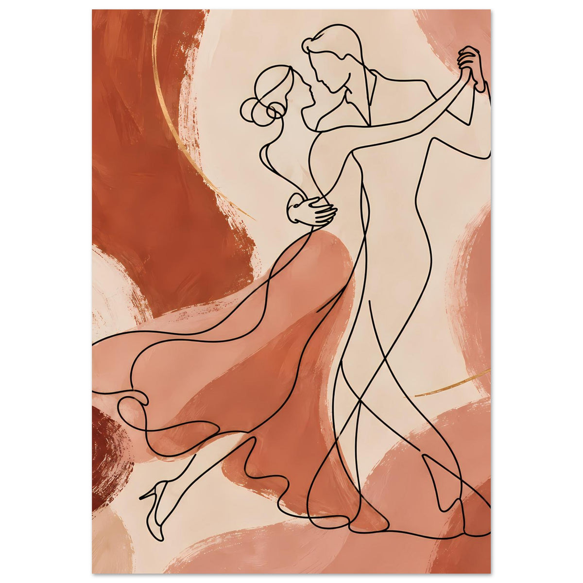 Kunstposter: tanzendes Paar in Line-Art mit angehobenen Armen, warme Erdtöne