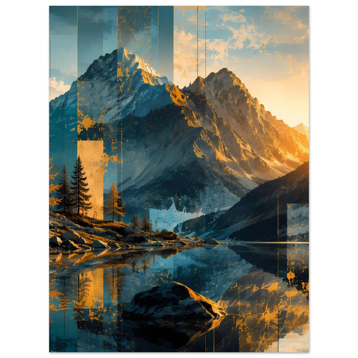 Poster mit abstrakter Berglandschaft, blaue Berge und warmes Licht, dunkler Vordergrundfelsen.