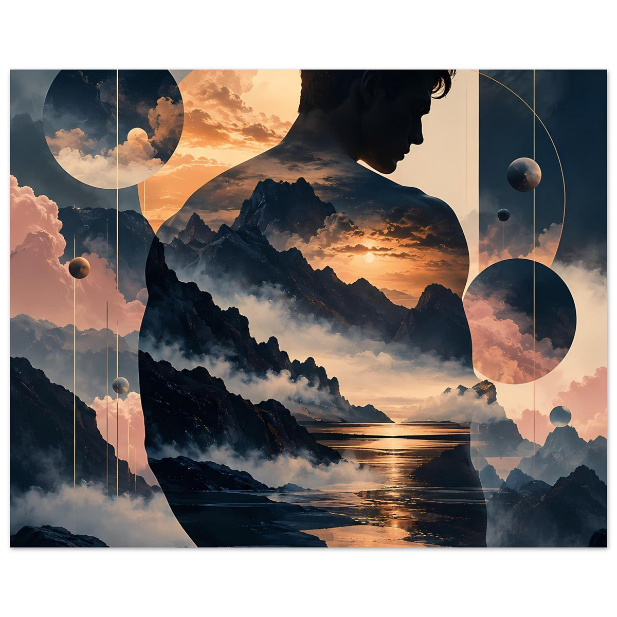 Poster: Silhouette eines Mannes, Berge und Küste im Sonnenuntergang, geschwungene Kreise