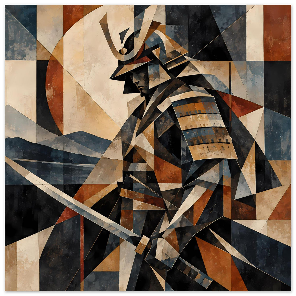 Geometrisches Samurai-Krieger-Poster, weit gesetztes Motiv in Erdtönen, Schwarz und Blau