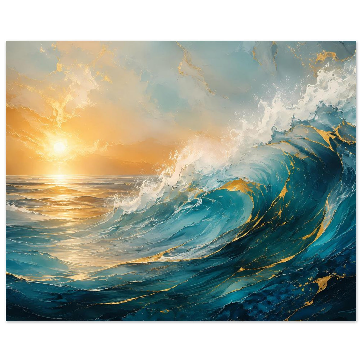 Horizontales Poster mit kräftigen Ozeanwellen in Blaugrün und goldenem Licht