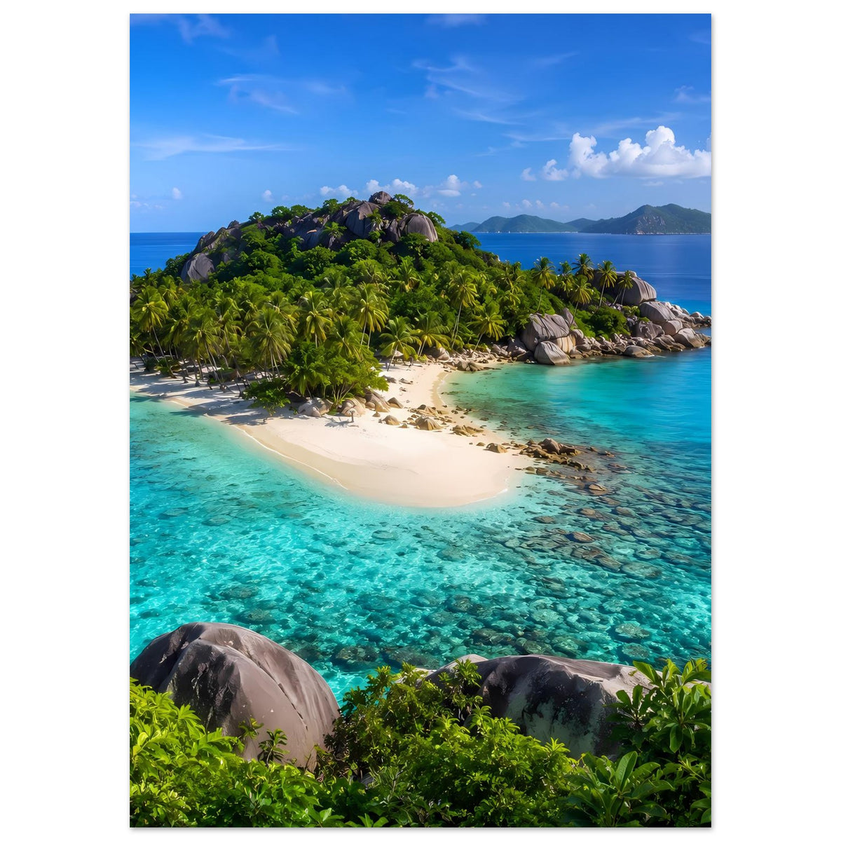 Tropisches Insel-Reiseposter (vertikal) mit Sandstrand, türkisfarbenem Meer und grüner Insel