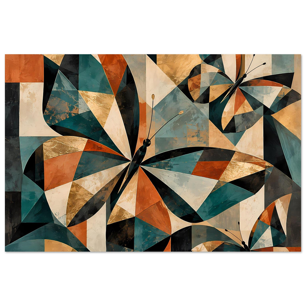 Kunstposter mit geometrischen Schmetterlingen in warmen Erdtönen, zentriertes Motiv.
