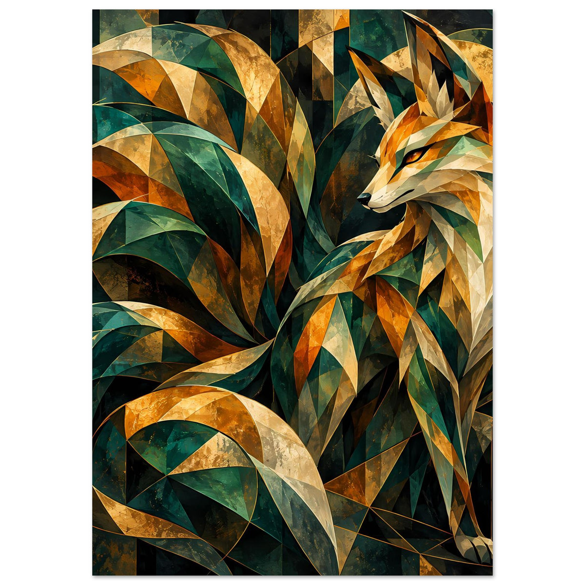 Kunstposter im Hochformat: Fuchs mit goldenen Umrissflächen, Smaragdgrün und dunklen Tönen