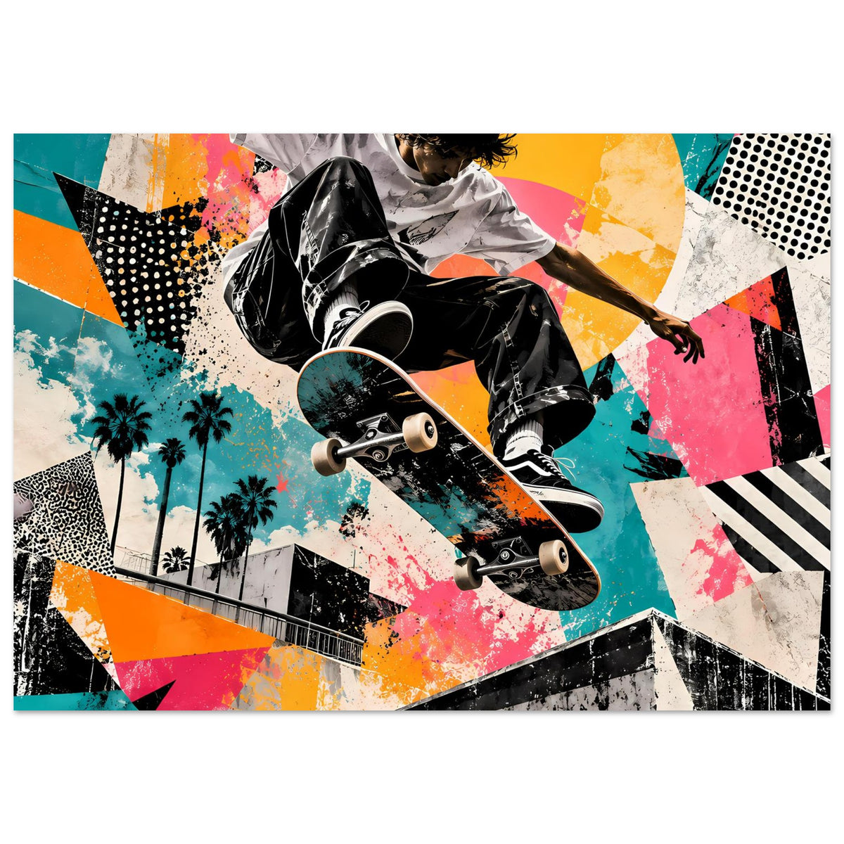 Street-Art-Poster mit Skateboarder auf Skateboard, neonbunte Graffiti-Flächen und Typo-Optik