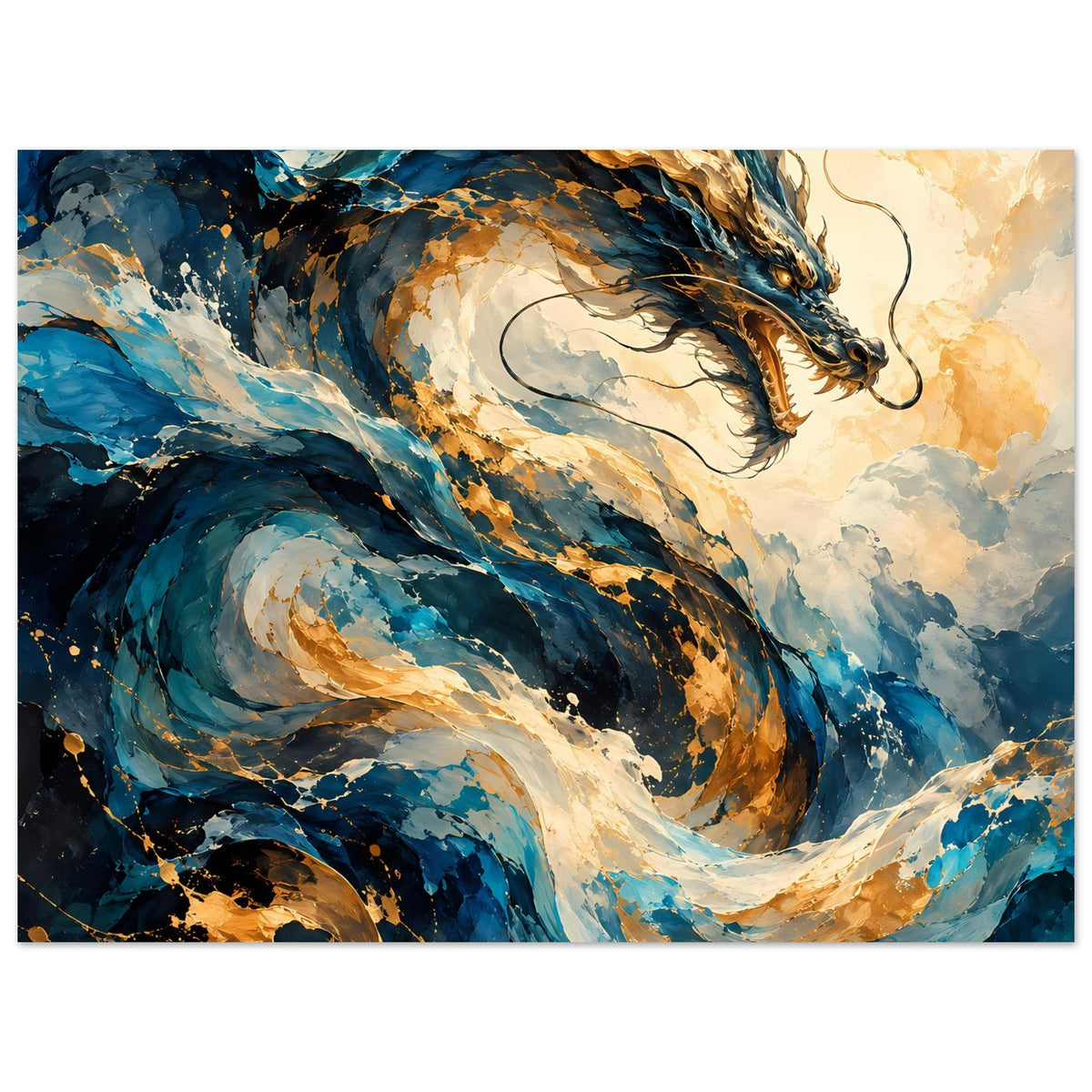 Fantasy-Drachenposter im Querformat, Drachenkopf über blauer Struktur, goldene Akzente
