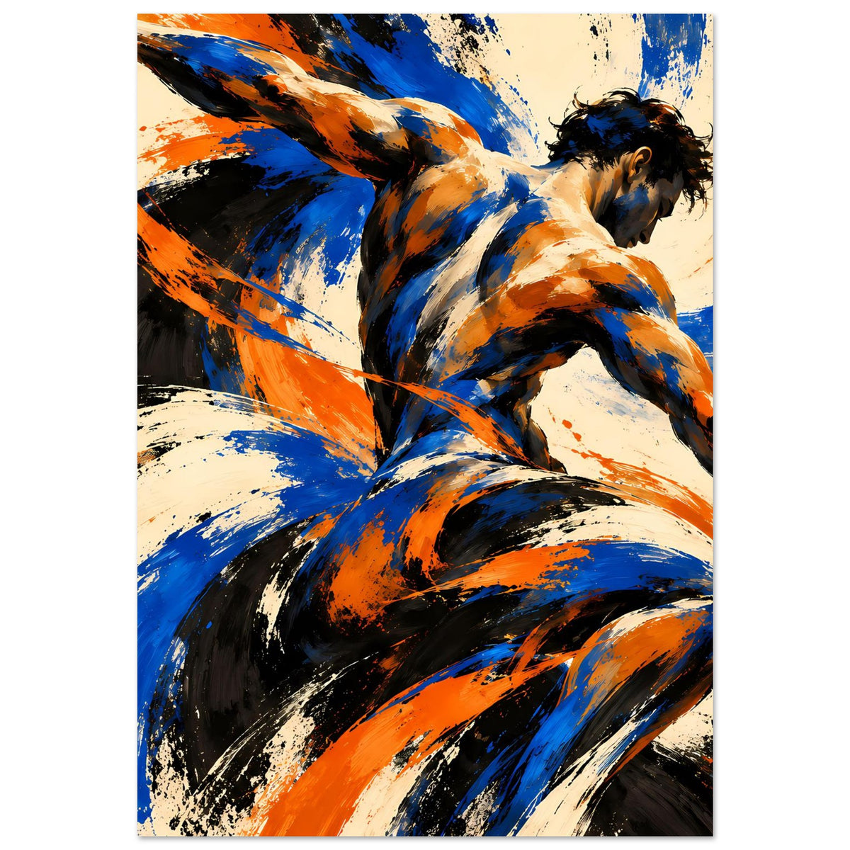 Abstraktes Kunstposter mit sportlicher Pose: blaue, orangefarbene und schwarze Pinselwirbel