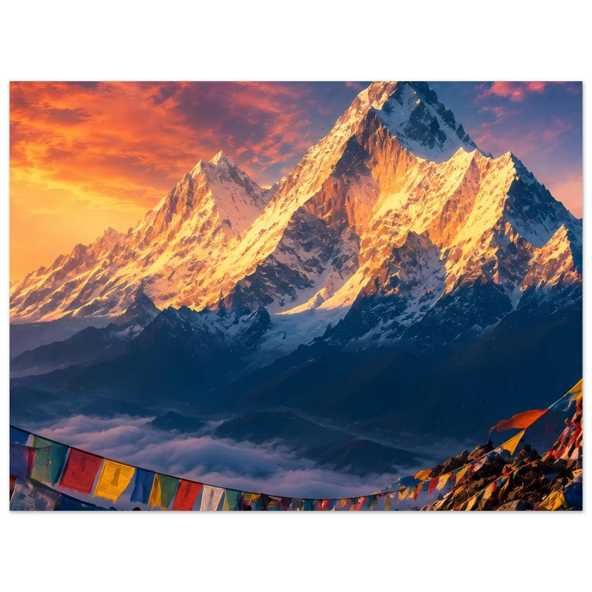 Wandposter im Querformat mit goldenen Bergspitzen bei Sonnenaufgang, türkis-blauem Tal und Fahnen unten