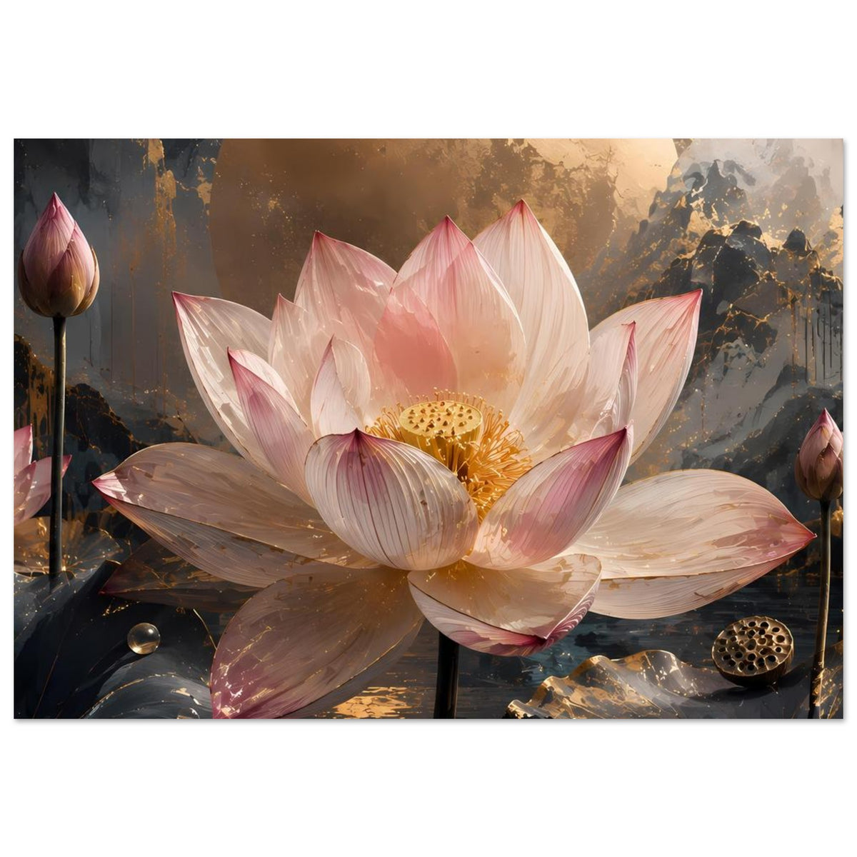 Poster mit rosa Lotusblüte und goldener Staubnarbe, dunkle Blätter und goldener Mond