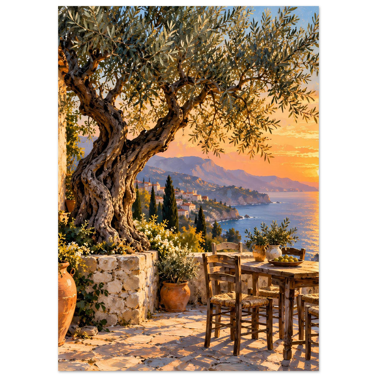 Poster mit Olivenbaum, Küstenpanorama, warmem Sonnenuntergang und Terrasse mit Stühlen