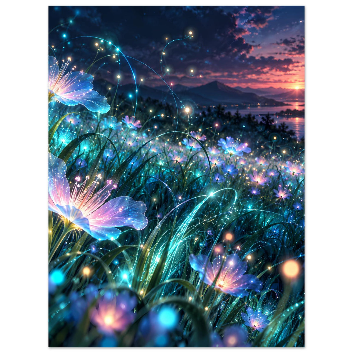 Blumenposter mit leuchtenden blauen Blüten, geschwungenen Lichtlinien und Sonnenuntergang über der Landschaft
