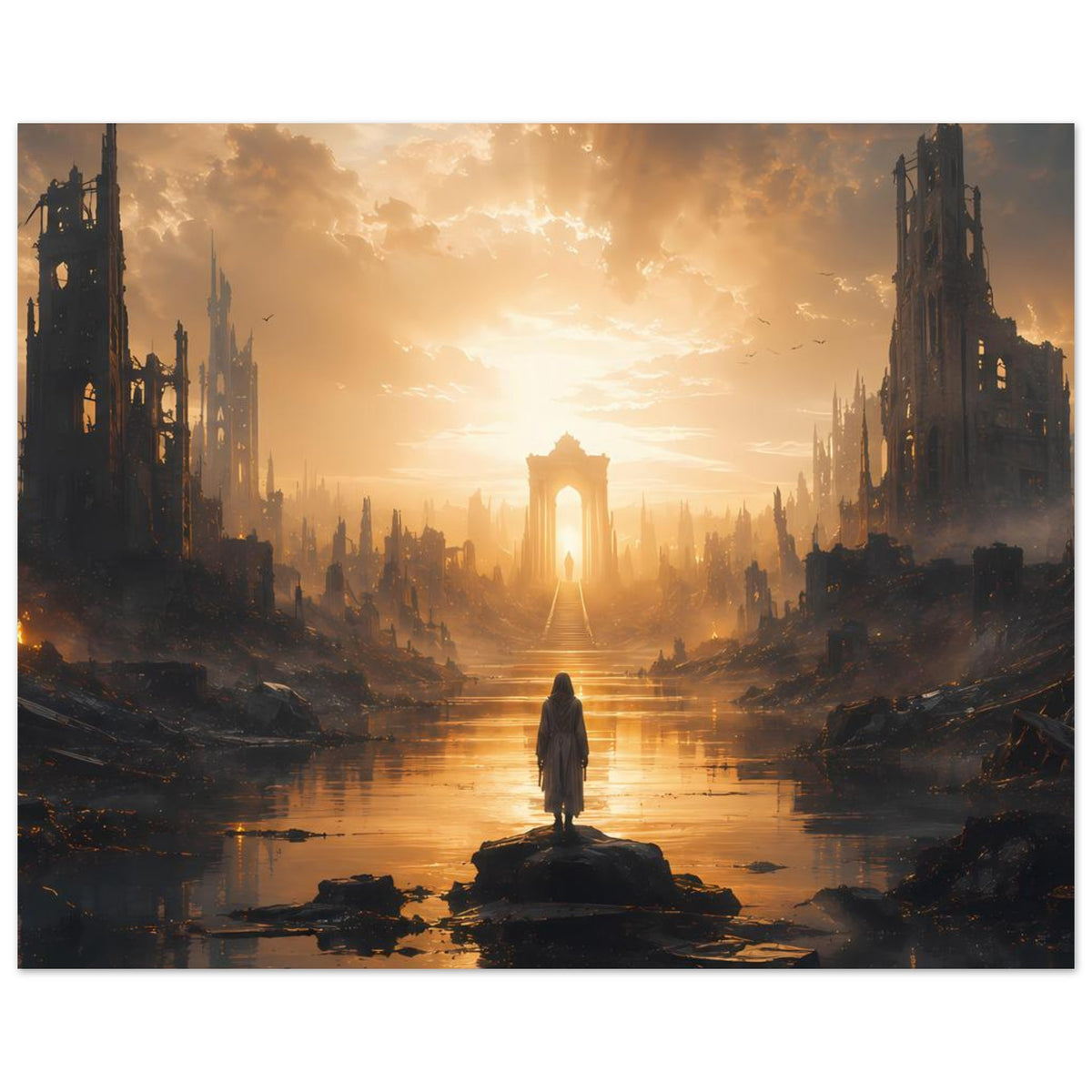 Wandposter: Ruinenstadt rechts und links, Fluss mit Insel, Figur mittig vor strahlendem Tor