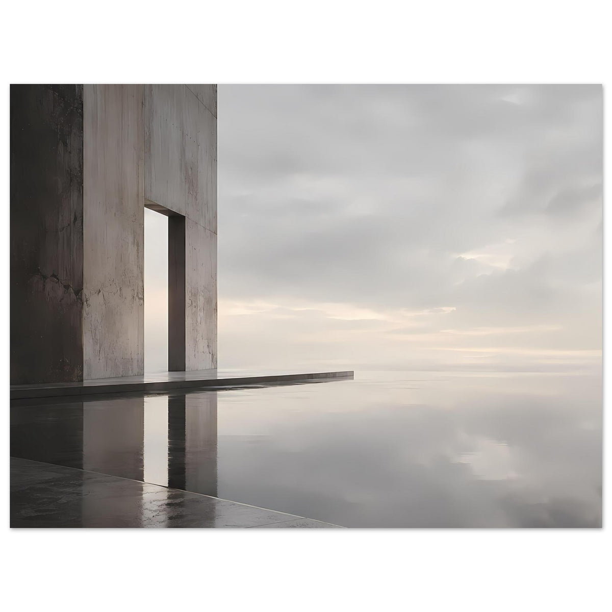 Breites Architektur-Poster mit Betongebäude links und Spiegelung auf grauem Wasser