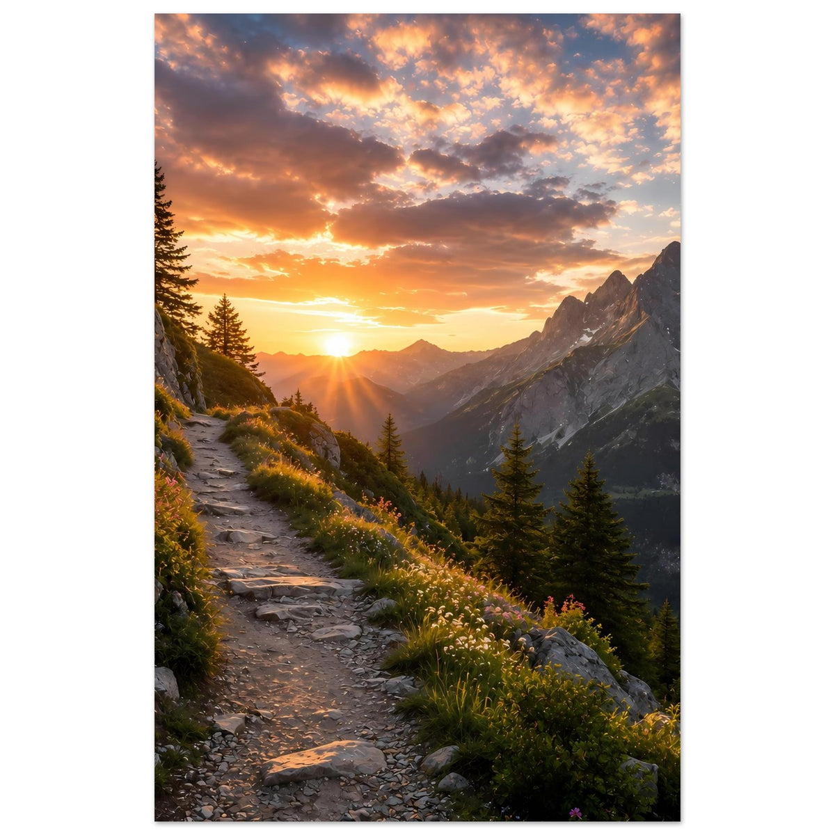 Vertikales Poster mit schmalem Bergpfad, Fichtenwald, Sonnenaufgang und schroffen Gipfeln