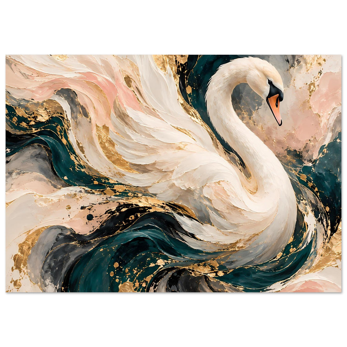 Abstraktes Kunstposter mit weißem Schwan, goldenen Akzenten und türkis-schwarzen Farbwirbeln