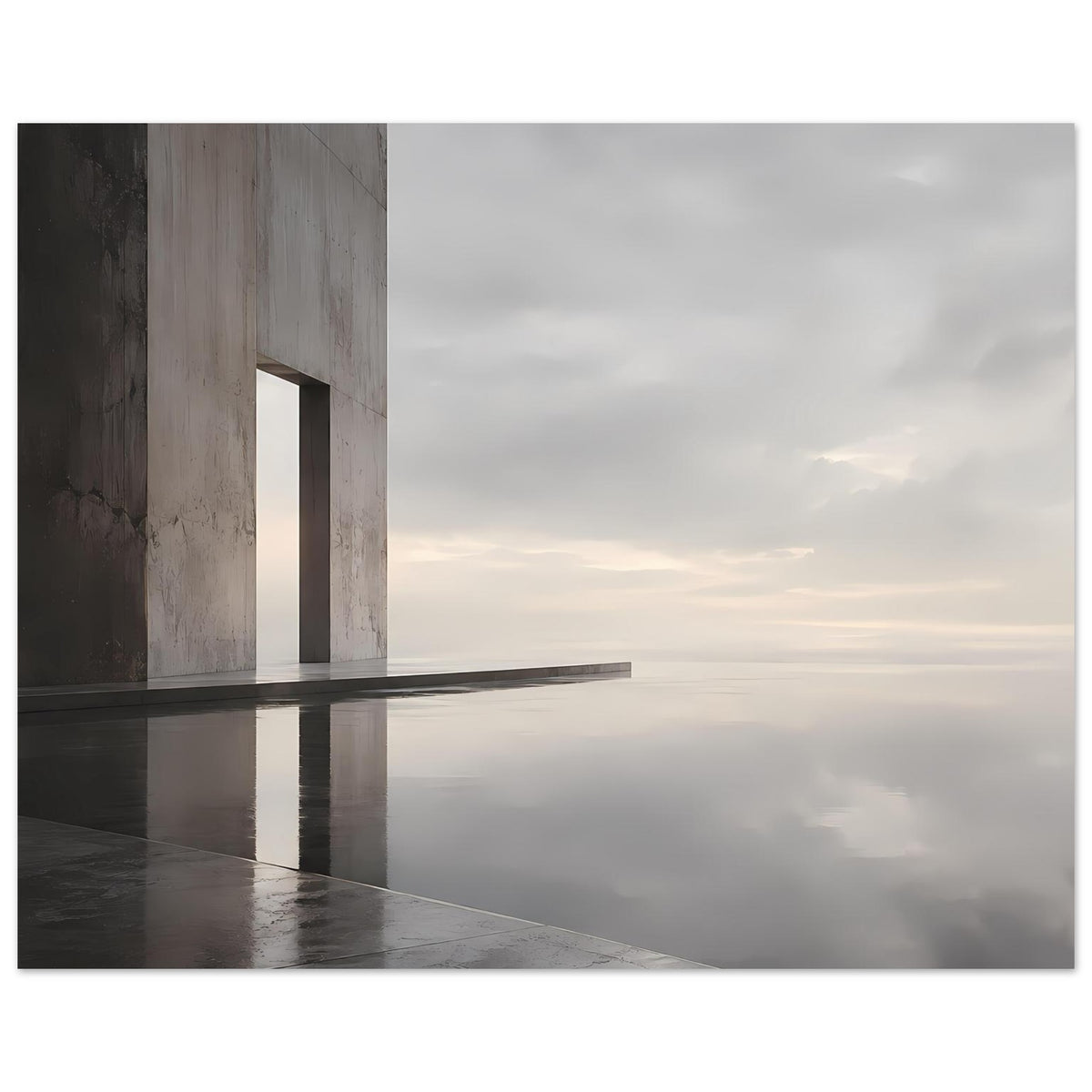 Breites Architekturposter mit Betonwand, Spiegelung im Wasser und weichen Grautönen