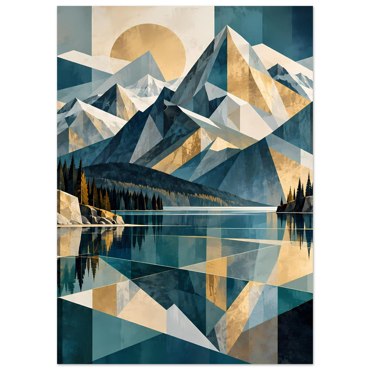 Wandposter mit abstrakten Bergen und Tannen, ruhiger See, Blautöne und Sandfarben