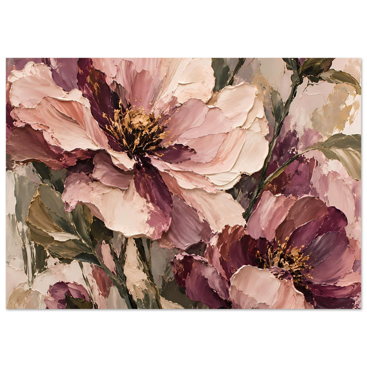 Florales Poster mit naher rosa Blüte, mauve Akzenten und gemalter Pinselstruktur, Hochformat.