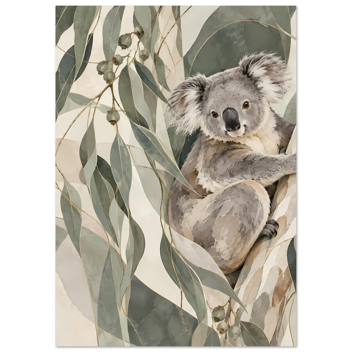 Gerahmtes Poster: Koala sitzt an Zweigen, umgeben von Blättern in Erdtönen