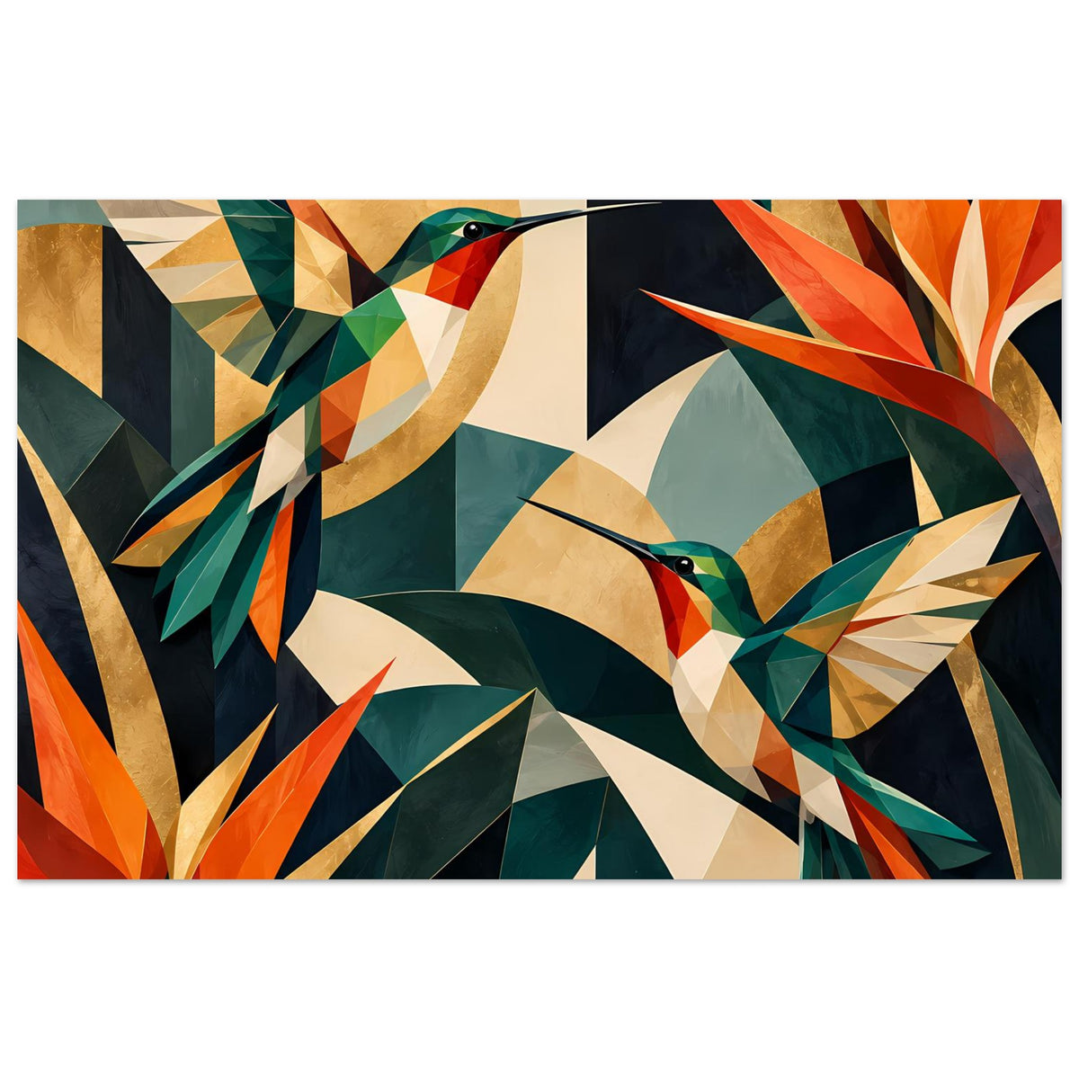 Kunstdruck mit geometrischen Kolibris in kräftigen Juwel-Tönen, horizontal