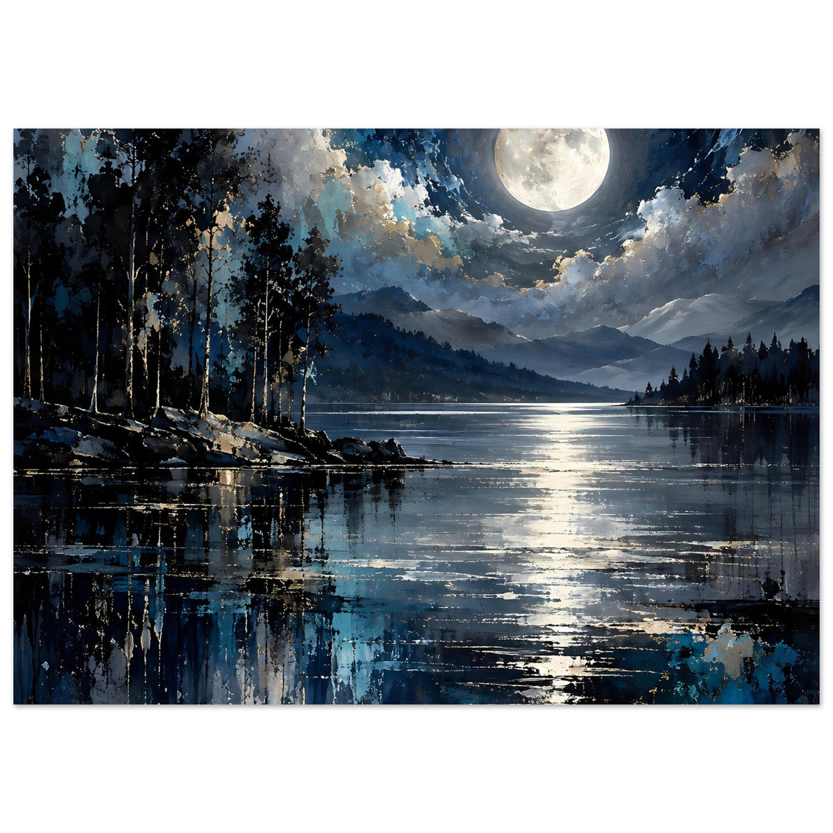 Horizontales Poster mit Mondschein über See, dunklen Bergen, Baumreihe am Ufer