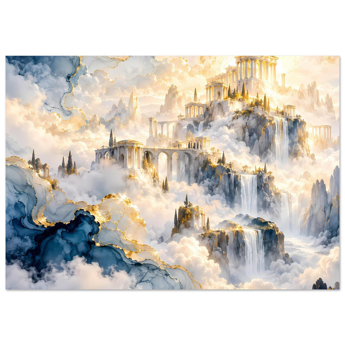Horizontales Poster mit Tempelbauten auf Klippen, Wasserfällen, Wolken und blau-goldenem Glanz