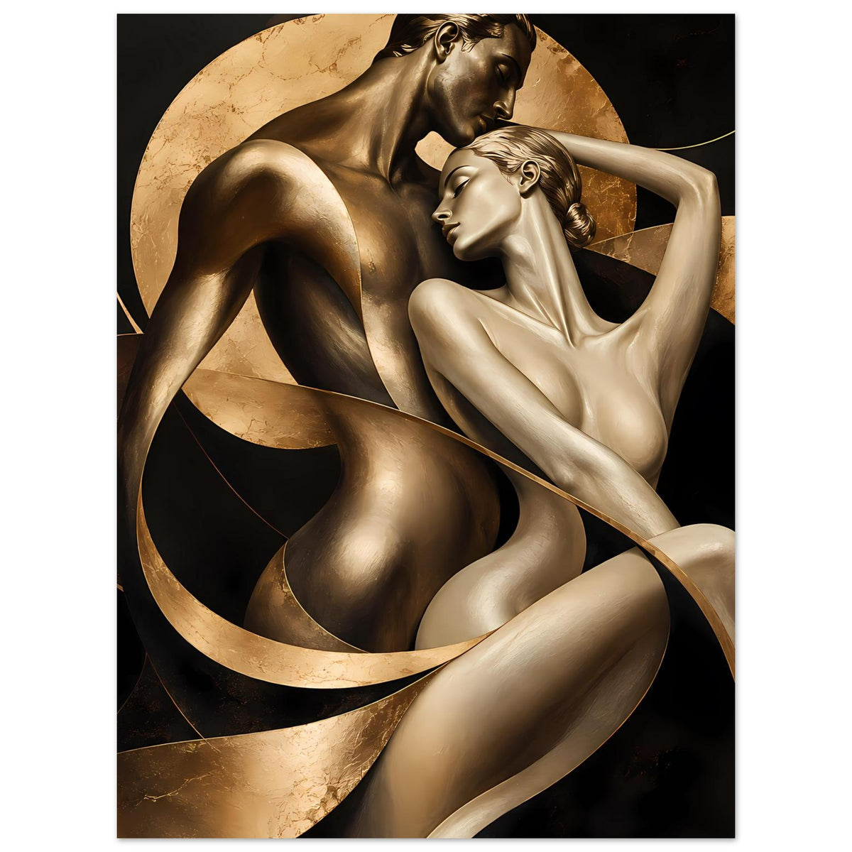 Kunstposter mit goldener Bronzestatue: zwei Akte verschränkt, geschwungene Linien, schwarzer Rahmen