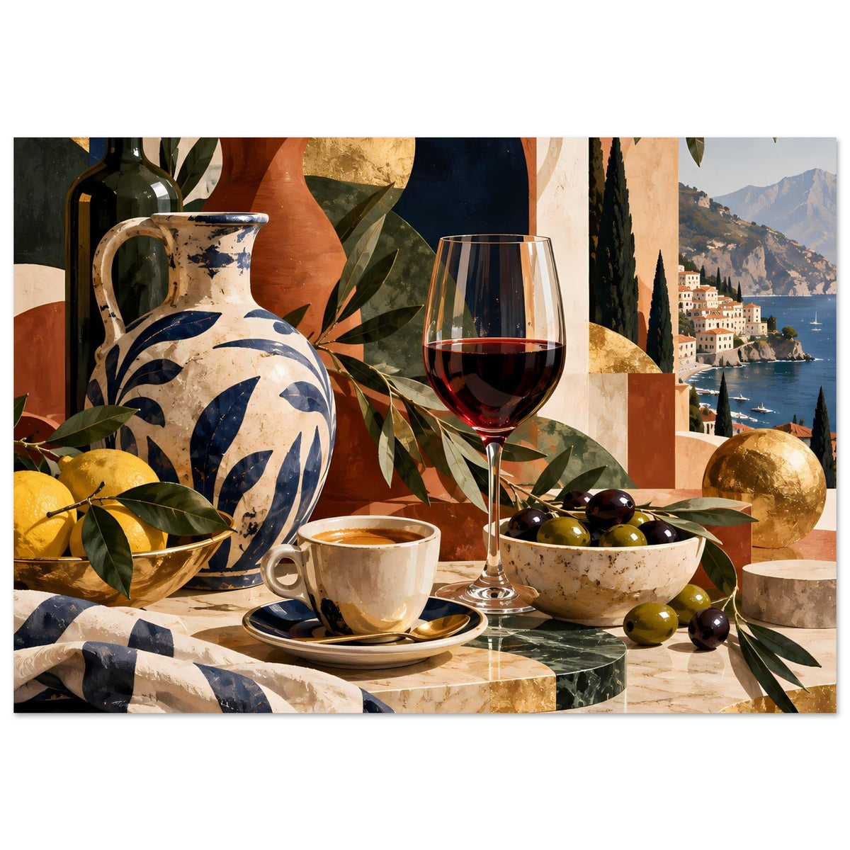 Poster im Querformat: Flasche, Vase, Weinglas und Schale mit Oliven auf Steinpodest