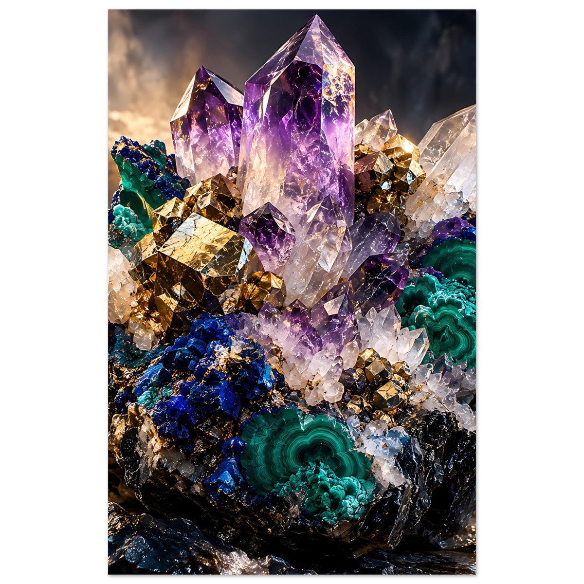 Hochformatiges Kristallposter mit violettem Amethystkristall und grünem Malachitbesatz