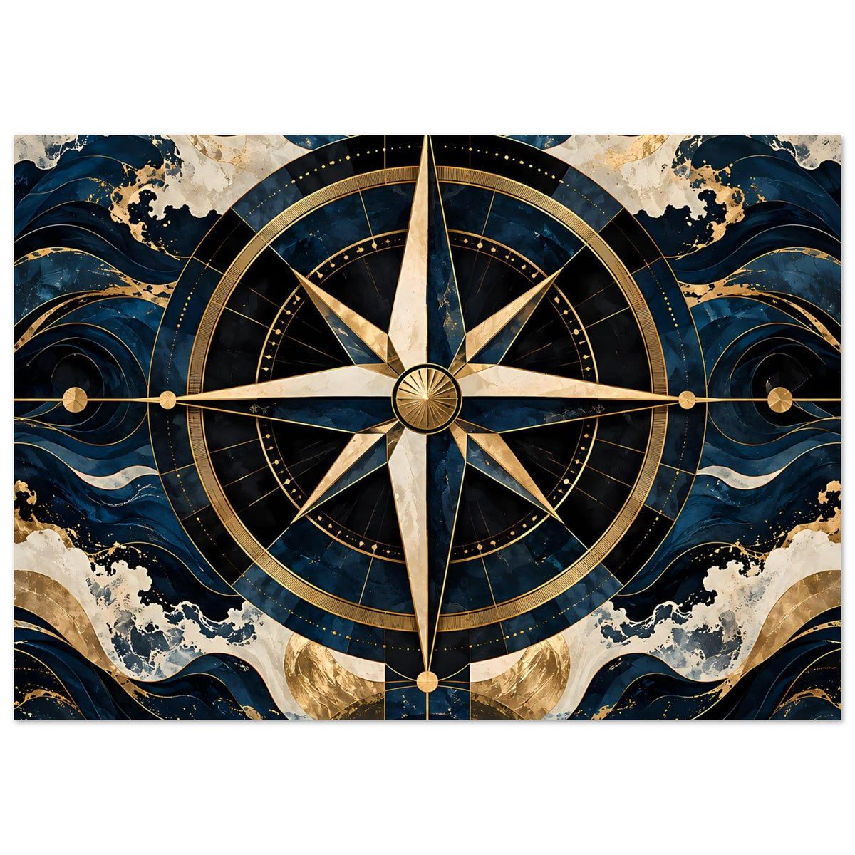 Maritimes Navigationsposter (horizontal): Kompassrose mit goldenen Punkten und Ringlinien