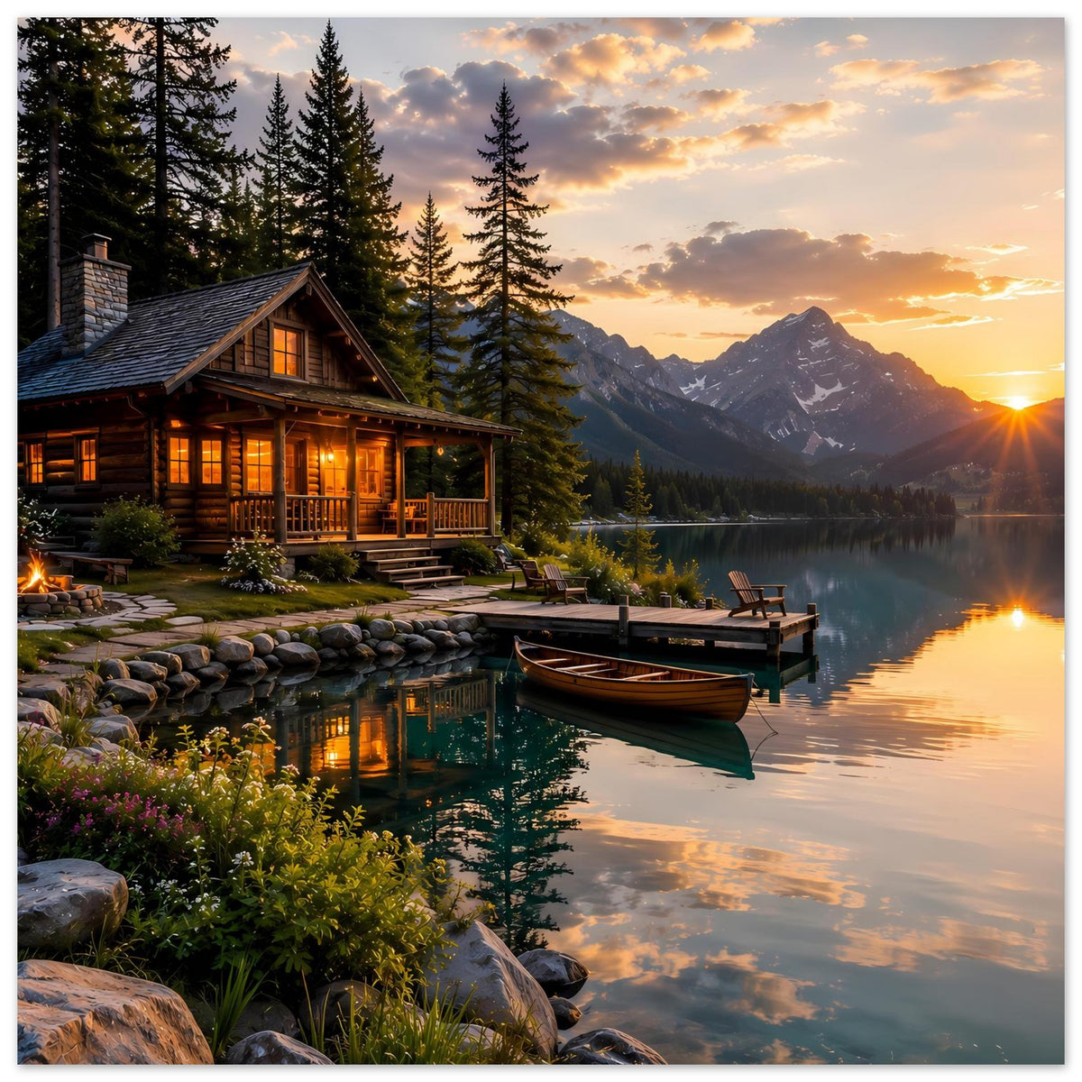 Horizontales Poster: Holzhaus am See, reflektierendes Wasser und Boot am Steg im Abendlicht