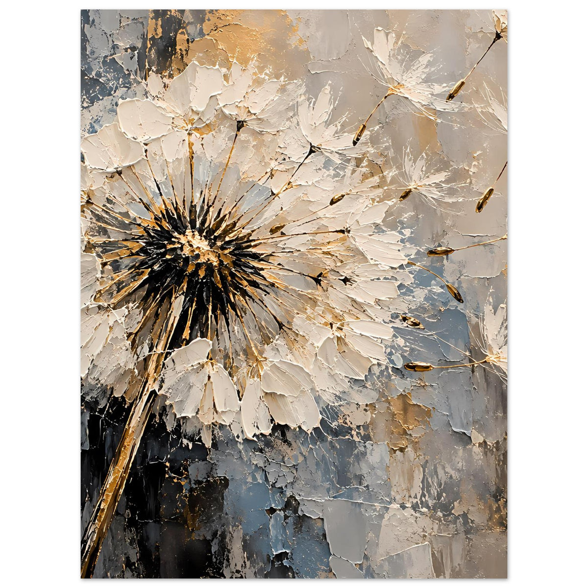Hochkant-Poster mit Pusteblume, goldene Akzente, cremefarbene Blütenkronen und abstraktes Blau