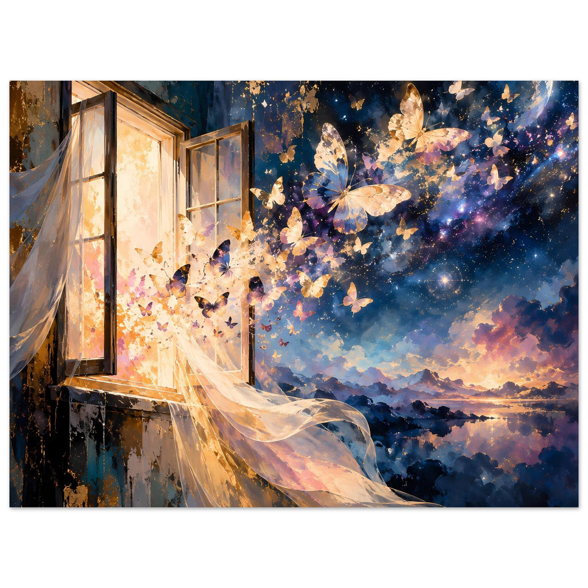 Kunstposter mit Fensterfront, Schmetterlingen, Mond und leuchtender Nachtlandschaft