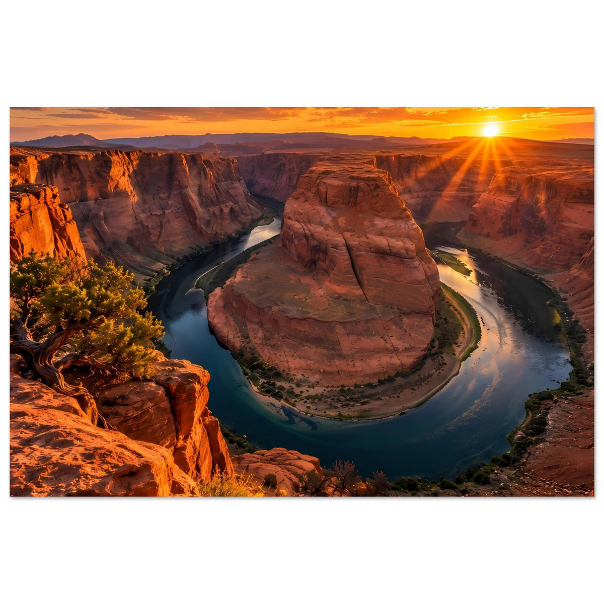 Horizontaler Posterprint: Canyon mit Flussschleife, roten Felswänden und tiefstehender Sonne
