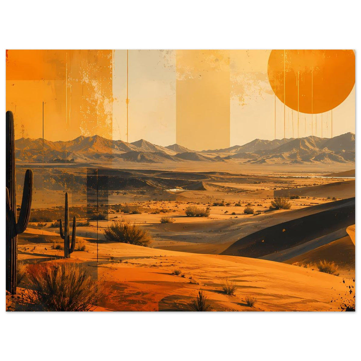 Wüstenlandschaft Poster mit orangefarbener runder Sonne, Sandhügeln und Kakteen