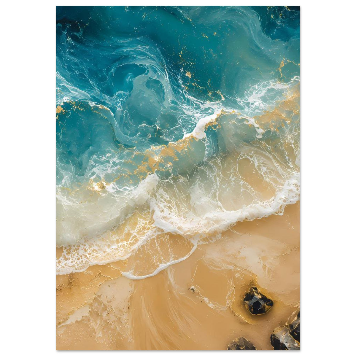 Poster mit Ozeanwellen und Sandstrand, türkisblaues Wasser und goldene Akzente