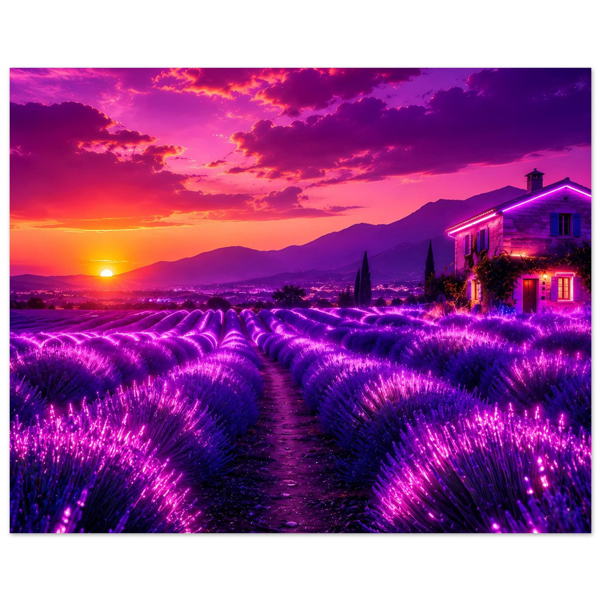 Poster mit violett leuchtendem Lavendelfeld, zentralem Pfad, Sonnenuntergang und Haus rechts