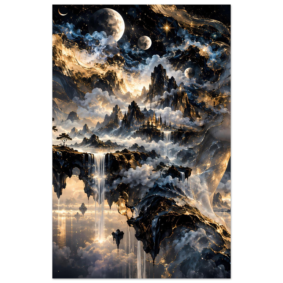 Vertikales Kunstposter mit Engelsgesicht im Profil, Monden und fliegenden Wolkenwelten