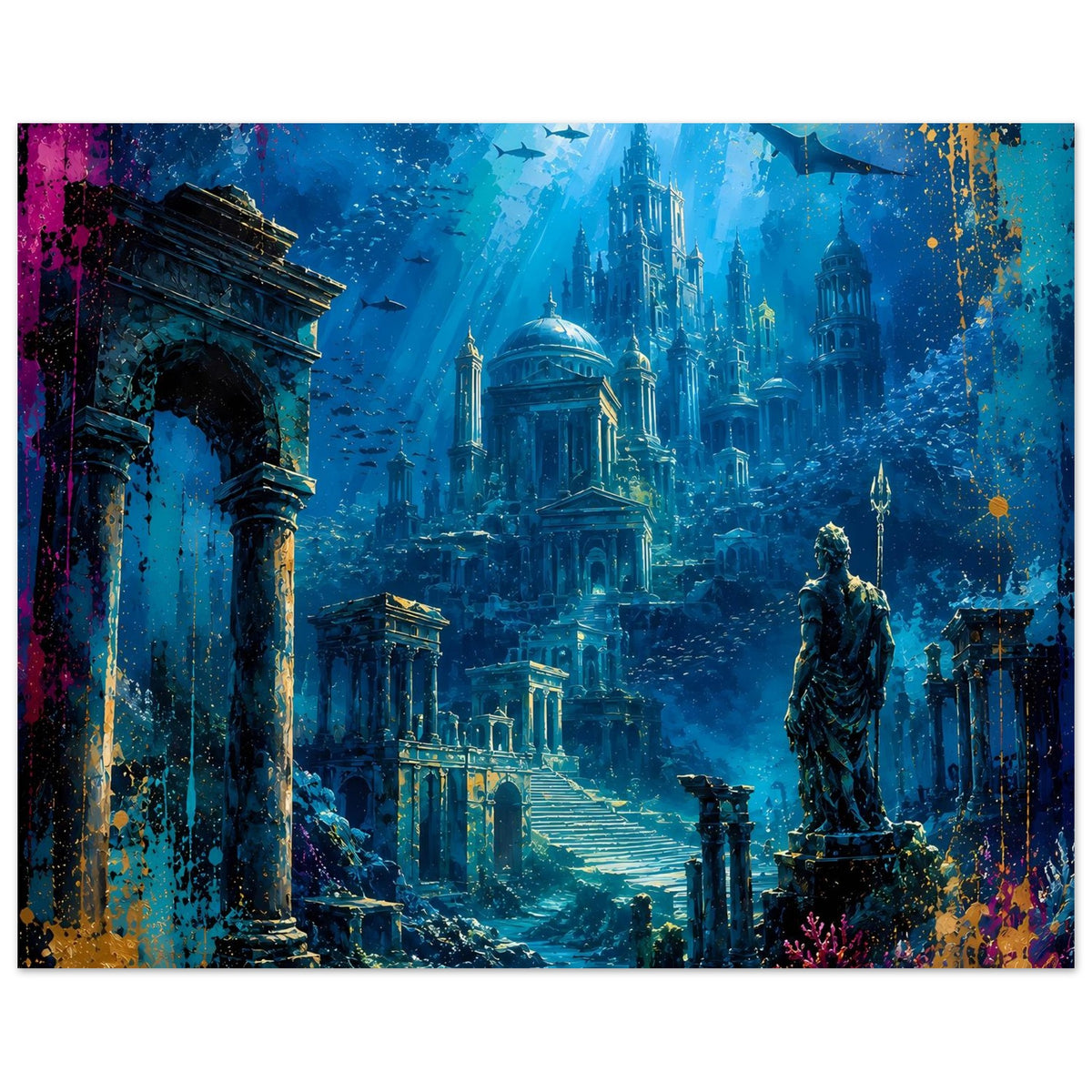 Poster mit Unterwasserstadt Atlantis, blaues Stadtpanorama mit Säulen links und Statue