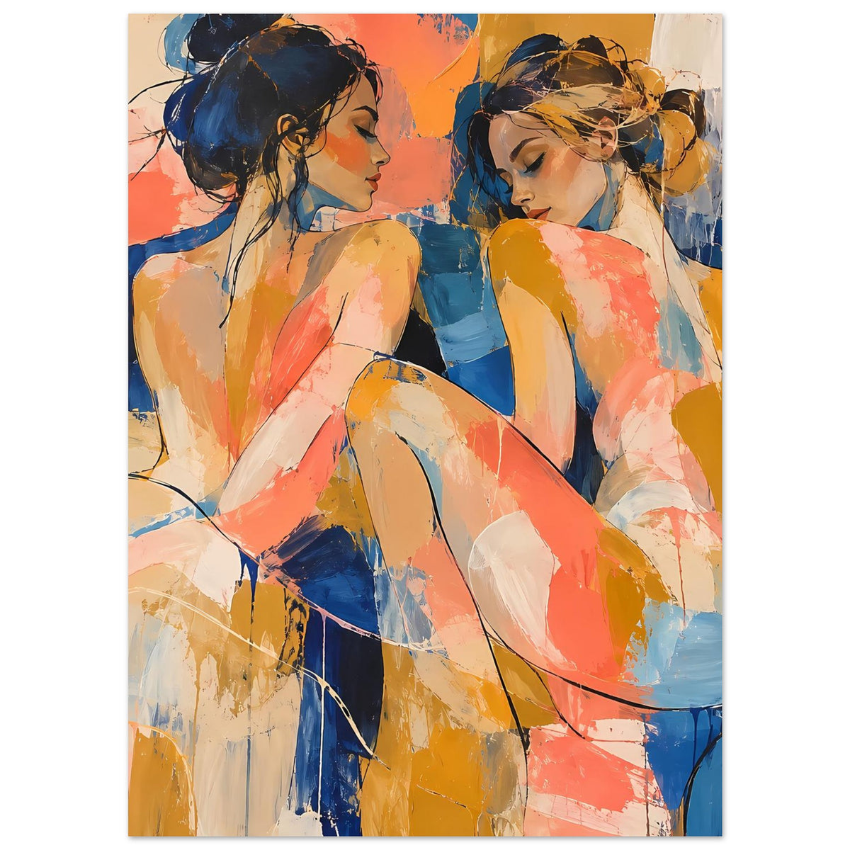 Kunstposter mit abstraktem Figurenpaar in Blau und Koralle, sitzende Frauenfiguren.