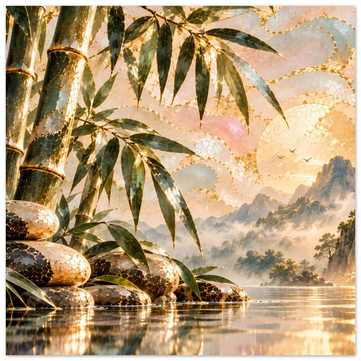 Zen-Poster mit Bambus, goldenen Steinen und Wasserlauf mit Spiegelung auf Wasser