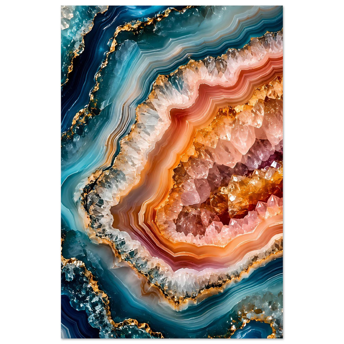 Poster im Hochformat mit abstrakter Geodenstruktur: blaue Adern und orange-rosa Kristalle.