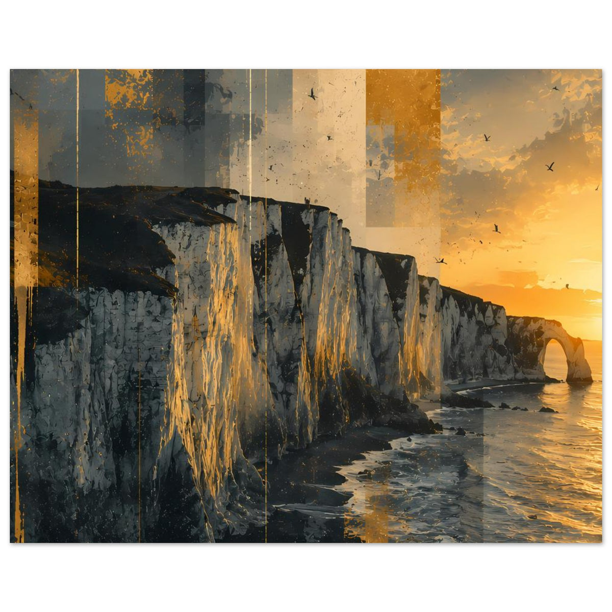 Horizontales Poster: Steilküste mit Felswänden, warmes Abendlicht und Brandungswasser