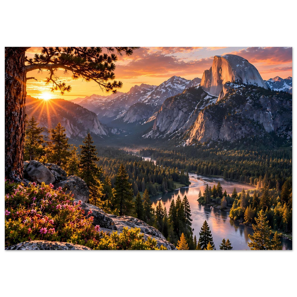 Wandposter mit Berglandschaft und Sonnenaufgang, Felsen, Tannen und Fluss im Tal